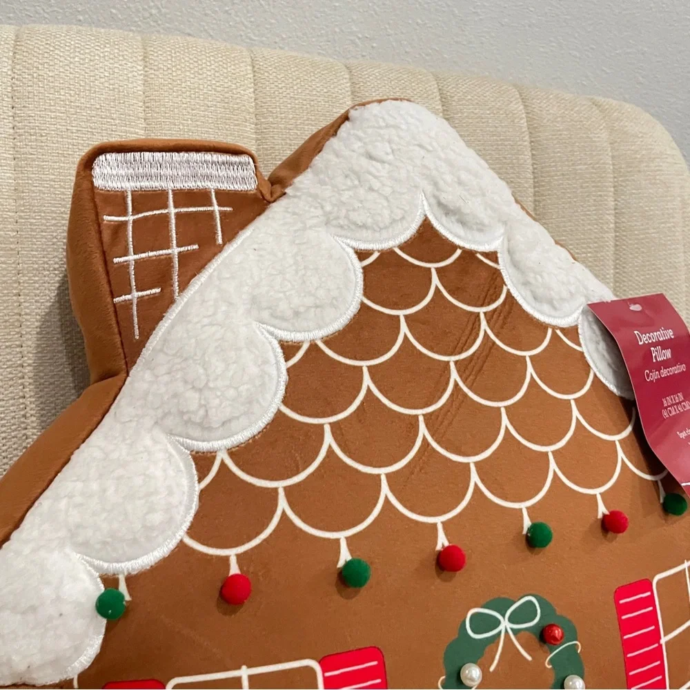 NEW Gingerbread House Christmas Decorative Pillow 16x16 Holiday Plush Pom Pom